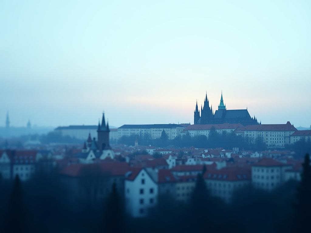 Moderní panoramatický pohled na Prahu symbolizující horizont.